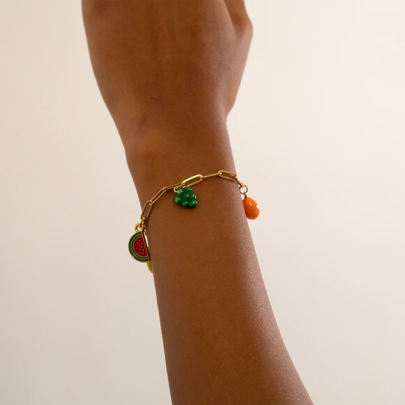 18K Gold PVD Stainless Steel Fruit Charm Bracelet | Colorful Non-Tarnishing Luxe - Picture 3 of 6